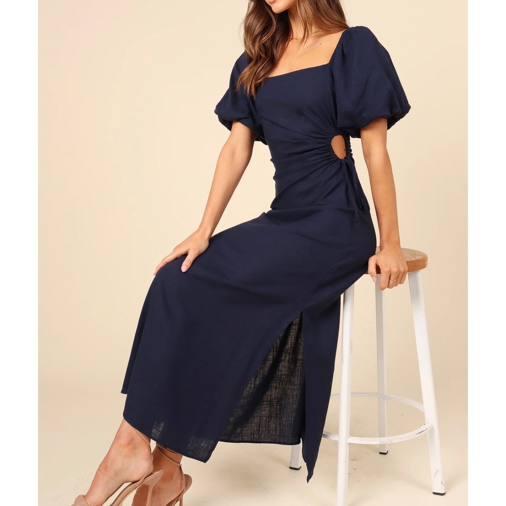 Petal + Pup Dress Womens XL Navy Blue Excellent Rayon Linen Cutout Midi Dress
